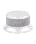 Heavy Duty Aluminum Volume Control Knob Featuring Slick Diamond Knurled Grip For Pro Level High End Audio Amplifier And Turntable Buttery Smooth Rotation Top Shelf Replacement Dial side view showing textured grip and polished finish.