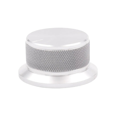 Heavy Duty Aluminum Volume Control Knob Featuring Slick Diamond Knurled Grip For Pro Level High End Audio Amplifier And Turntable Buttery Smooth Rotation Top Shelf Replacement Dial side view showing textured grip and polished finish.