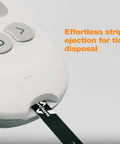 Close-up of Feliz Blood Glucose Monitoring Kit meter showing strip ejection with message 'Effortless strip ejection for tidy disposal'