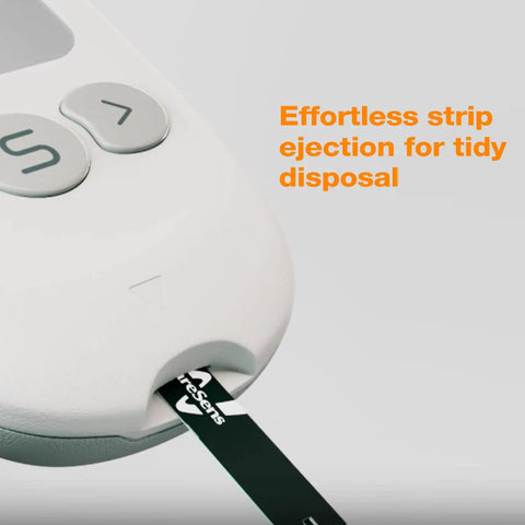 Close-up of Feliz Blood Glucose Monitoring Kit meter showing strip ejection with message 'Effortless strip ejection for tidy disposal'