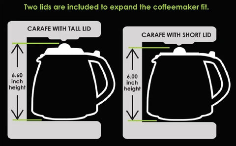 Diagram of 12 Cup Millennium Style Carafe For Basically Any Coffee Maker Black Borosilicate Glass with tall and short lid dimensions.