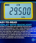 Hiatsu VMH-75 digital vacuum gauge with aluminum case, front view displaying 29.500 inHg