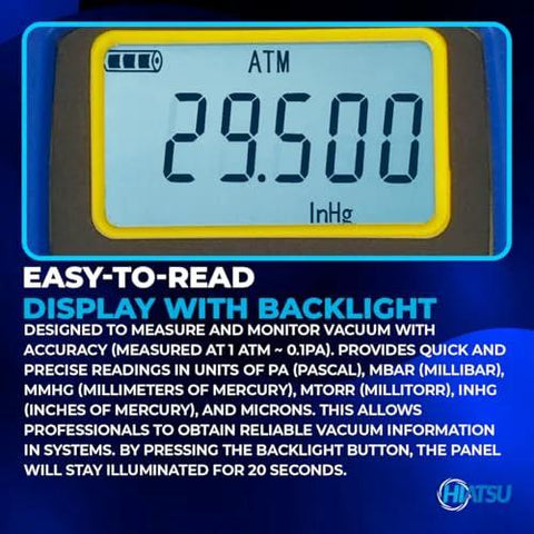 Hiatsu VMH-75 digital vacuum gauge with aluminum case, front view displaying 29.500 inHg