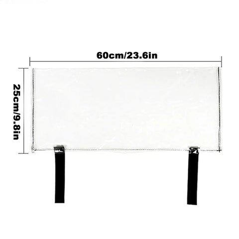 Heavy Duty All Season Road Ready Universal Fit Waterproof EV Charger Cover Shield, clear with black straps, dimensions 60cm x 25cm.