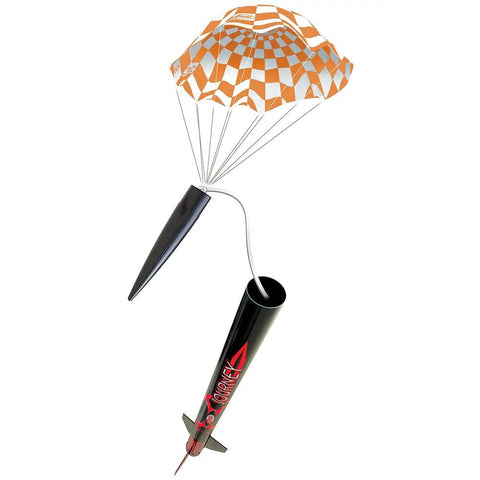 Journey Rocket Building Kit For Beginners With Launch Pad And Controller, rocket mid-flight with orange parachute deployed.