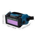 Heavy Duty Auto Darkening Welding Goggles With Clear Blue Lens For Arc And TIG Welding showing side view with adjustable strap and pink lens.