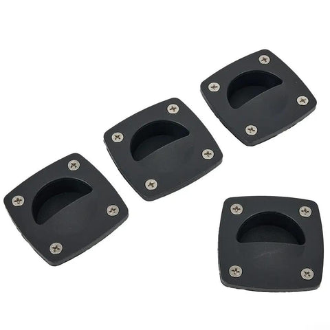 Four black recessed nylon pull handles for marine use, showing the durable design in saltwater environments.