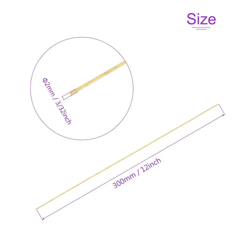 Diagram showing Brass Rod Set 25 Pack 12 Inch Long 3/32 Inch Diameter Solid Round Brass Rods with size measurements in mm and inches