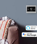 Wi-Fi Smart Color Thermostat With Energy Star Certified Performance, Dope Home Upgrade For Smart Living on a wall near couch