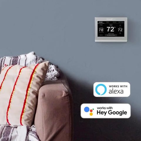 Wi-Fi Smart Color Thermostat With Energy Star Certified Performance, Dope Home Upgrade For Smart Living on a wall near couch