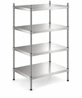Built Like A Tank Workhorse Grade Stainless Steel Shelving Kit 24X30X64 Inches NSF certified, heavy-duty four-shelf rack.