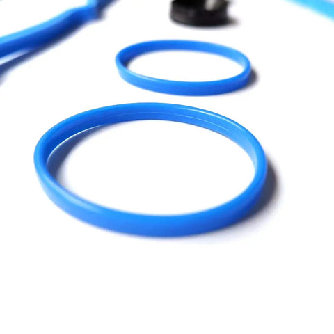 Close-up of blue silicone gaskets from 3.6L V6 Valve Cover Gasket Set With Intake Manifold And Fuel Injection Gasket Pack For Chrysler 200 2011 2017 Chrysler 300 2011 2020 Dodge Challenger Charger Jeep Wrangler Cherokee Fits 3.6L V6 For Your Ride