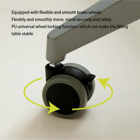 Upgrade Your Home Office Setup With This Smooth Riding Mobile Standing Desk That Dials In Your Perfect Height Fast For Seamless Sit Or Stand Flexibility Wherever You Roll - close-up of a wheel with brake feature for stability.