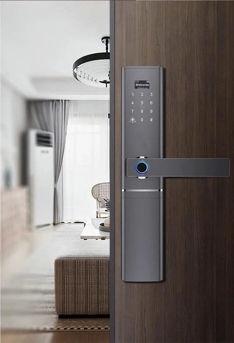 Knockout Biometric Fingerprint Door Lock With Slick Touch Screen Passcode Keyless Entry crafted from durable stainless steel gray body on a wooden door.