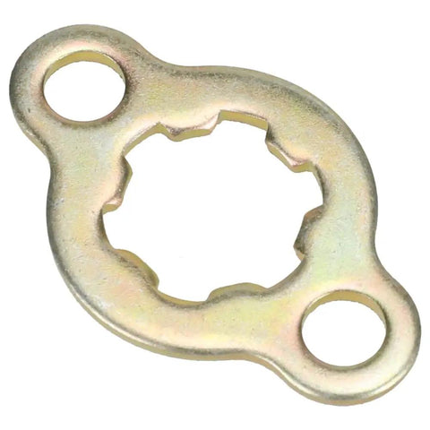 14 Tooth 420 Front Sprocket Fits 50cc 70cc 90cc 110cc 125cc 140cc 160cc Mini Bikes ATVs Dirt Bikes Go Karts And More Works With TaoTao DB14 Roketa SSR Coolster Sinnis Terrain Sunl Lifan Quad Beef Up Your Ride. Image of a metal sprocket mounting plate with a unique shape and two holes for securing.