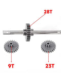 RC steel transmission gear set with central shaft and 28T, 23T, and 9T gears for 1/12 RC crawler car