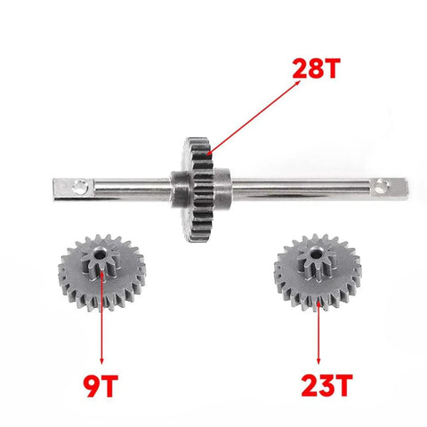 RC steel transmission gear set with central shaft and 28T, 23T, and 9T gears for 1/12 RC crawler car