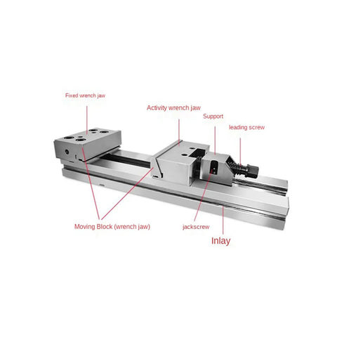 Rock Solid Five Inch Manual Flat Vice With Dead On Accuracy For Cnc Milling And Grinding Machines Built Tough Heavy Duty Clamp with labeled components