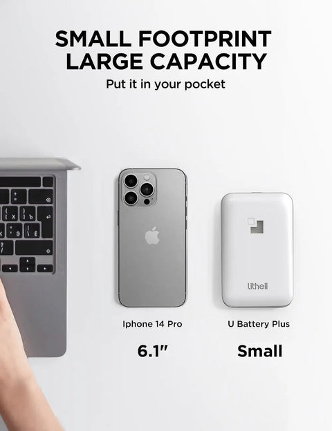 Comparison of iPhone 14 Pro and U Battery Plus showcasing the compact size and large capacity of the 20V 4.0Ah Replacement Lithium Battery Pack For U20 Power Tools And Outdoor Equipment Beefed Up Power With EV Grade Cells Cold Weather Ready Safe Durable Cordless Tool Battery For Lawn Care DIY And More.