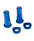 Tusk Rim Lock Nut/Spacer Kit, blue; front view shows two anodized aluminum lug nuts and two spacers