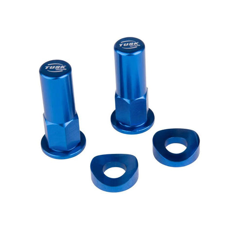 Tusk Rim Lock Nut/Spacer Kit, blue; front view shows two anodized aluminum lug nuts and two spacers