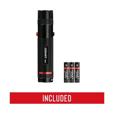 Dual Color LED Flashlight With White And Red Beams 315 Lumen Output Bullseye Spot Beam Optic shown with batteries included