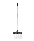 All Purpose Shrub Rake With A 36 Inch Lightweight Fiberglass Handle And A 9 Inch Steel Tine Head for stand-up raking