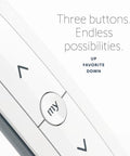 Close-up of Pure White RTS Remote For One Motorized Shade Or Group, Single Channel Control with three button options visible.