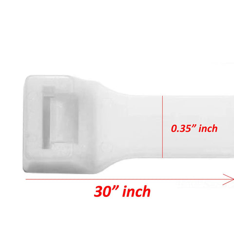 Close-up of 12 Pieces 30 Inch Extra Long White Nylon Cable Ties UV Stabilized For Outdoor Use And HVAC Duct Straps size detail.