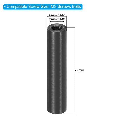 M3 metal threaded standoff spacer, black aluminum, 25mm long with 1/8in inner diameter and 3/16in outer diameter