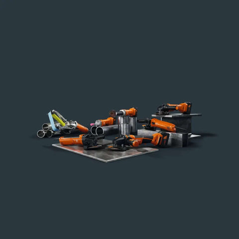 Heavy Duty Cordless Angle Grinder 115mm With Slick Brushless Motor And 18V Power displayed with various accessories on metal surfaces.