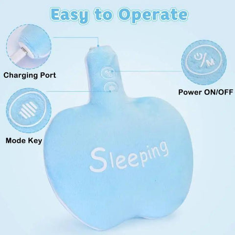 Azure blue Ultra Soothing Baby Sleep Soother with charging port and buttons for vibration levels; apple-shaped vibrating pad for newborns