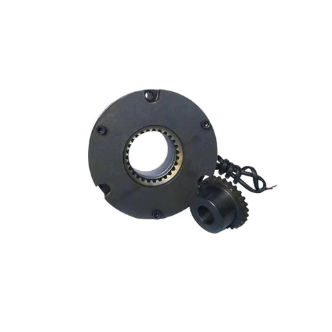 Electromagnetic brake assembly, two-piece, black circular housing with gear ring, 24/99VDC