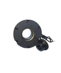 Electromagnetic brake assembly for motor, front view; black round housing with toothed inner bore and gear coupling
