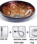 Super Sleek Gradient Round Vessel Sink For Bathroom Vanity Above Counter Tempered Glass Peacock Feather Pattern Smooth Finish Modern Luxury Wash Basin Dope Top Shelf with copper drain and fittings.