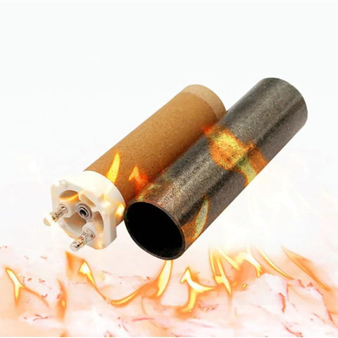 Hot air welder heating core assembly with brown ceramic tube, metal sleeve, and white connector with studs.