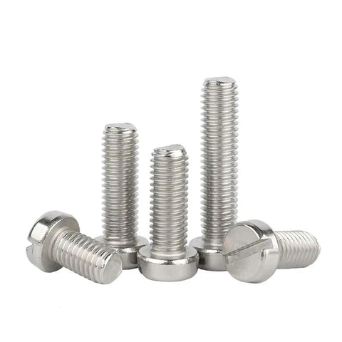 Top Shelf 304 Stainless Steel Machine Screws With Slotted Round Cheese Heads In M2 M2.5 And M3 Hardware Pack displayed in five different lengths.