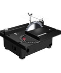 Compact Electric Mini Table Saw Hella Tough Woodworking Bench Solid Desktop Powerhouse With Adjustable Speed And Precision Angle Adjustment. Black tabletop saw with precision angle adjustment and adjustable speed settings.