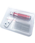 Pro Level Rock Solid Model Scriber Kit With Anti Slip Aluminum Handle And Seven Killer Sharp Tungsten Steel Blades in clear case.