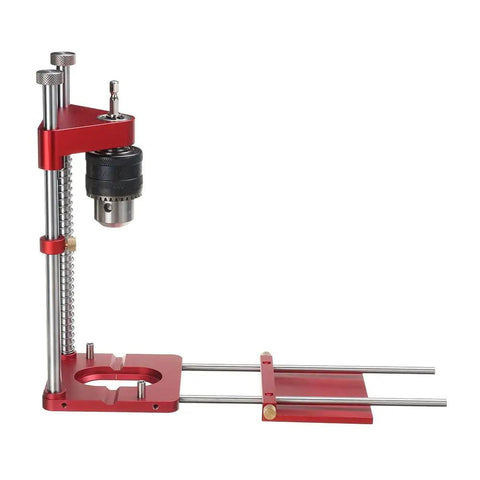Side view of Portable Drill Guide And Alignment Tool For Woodworking, Handheld Manual Power Press Stand, Pro Grade Aluminum Alloy Build