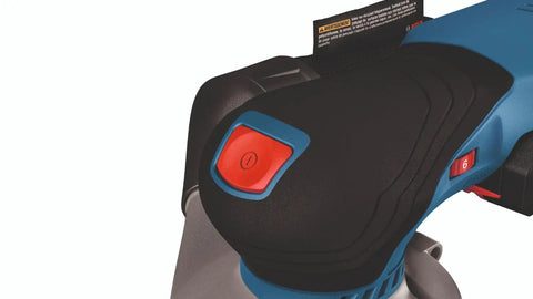 Close-up of power button on 18V Brushless 5 Inch Cordless Random Orbit Sander Bare Tool With Ergonomic Palm Grip Smooth Stock Removal