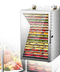 Slick Commercial Electric Food Dehydrator With Stainless Steel Trays showing colorful dried fruit and herbs on multiple shelves.