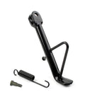 Sixteen Centimeter Universal Motorcycle Kickstand Foot Side Stand Support For ATV Dirt Bikes Off Road Vehicles Scooters And EBike Heavy Duty Iron Construction For Maximum Stability, close-up view showing black iron material with spring and bolt attachments