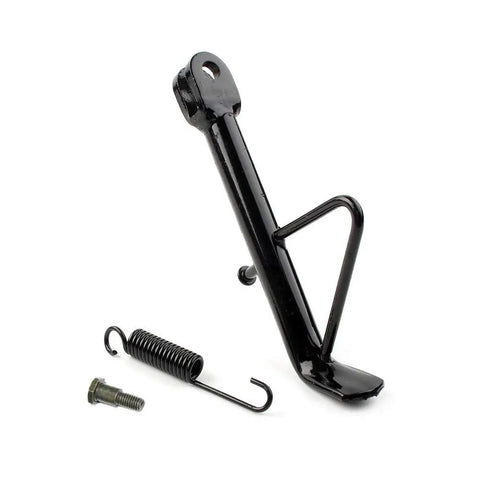 Sixteen Centimeter Universal Motorcycle Kickstand Foot Side Stand Support For ATV Dirt Bikes Off Road Vehicles Scooters And EBike Heavy Duty Iron Construction For Maximum Stability, close-up view showing black iron material with spring and bolt attachments