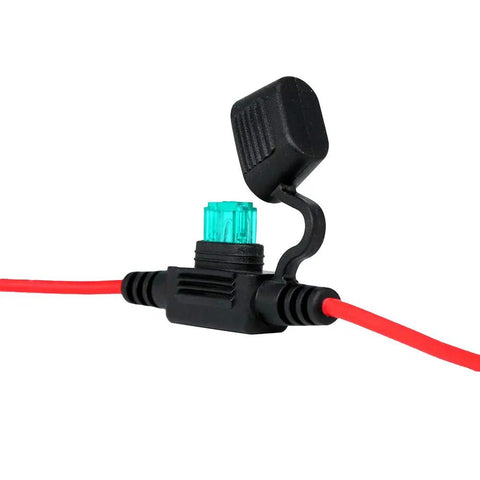 Close-up of Waterproof Mini Inline Fuse Holder with 16 Gauge Wire 12 Inch Long for Small Blade Fuses in Cars Boats RVs Trucks and More