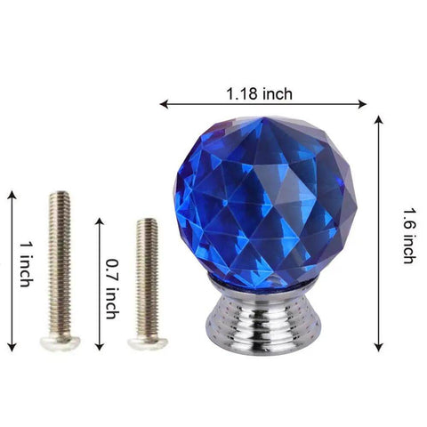 Twelve Pack Of 30mm Round Blue Crystal Glass Cabinet Knobs With Sleek Chrome Hardware Screws Included For Kitchen Cupboard And Dresser No Sweat Install Smooth Moving Home Decor, showing 30mm blue glass knob with screws.
