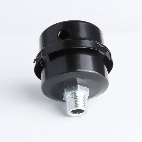 Three Eighths Inch Male Thread Air Compressor Silencer And Filter Metal Intake Muffler with black metal shell, side view