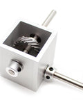 Front-angle view of iDili 90-degree aluminum gearbox with visible worm gear and 6mm shaft