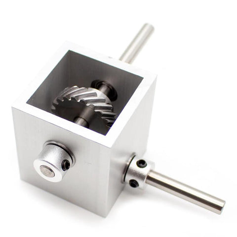 Front-angle view of iDili 90-degree aluminum gearbox with visible worm gear and 6mm shaft