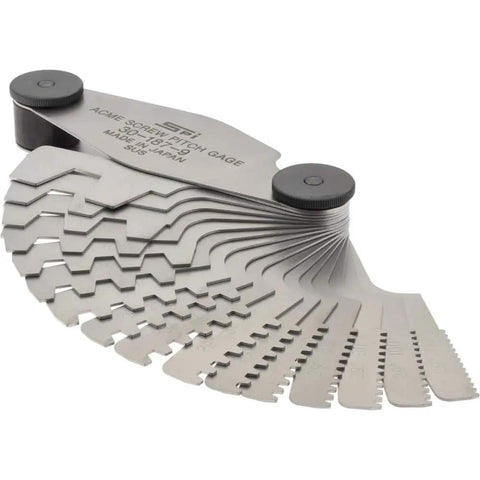 Stainless Steel Acme Screw Pitch Gauge With 16 Leaves For 1 To 12 TPI And 29 Degree Thread Angle, swing-out design displayed.